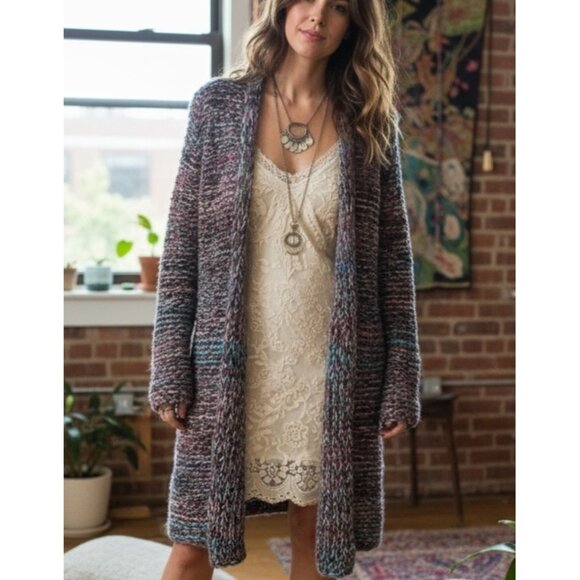 Anthropologie Moth Chunky Knit Open Cardigan Sweater Large Multicolor Cozy Boho - Picture 10 of 11